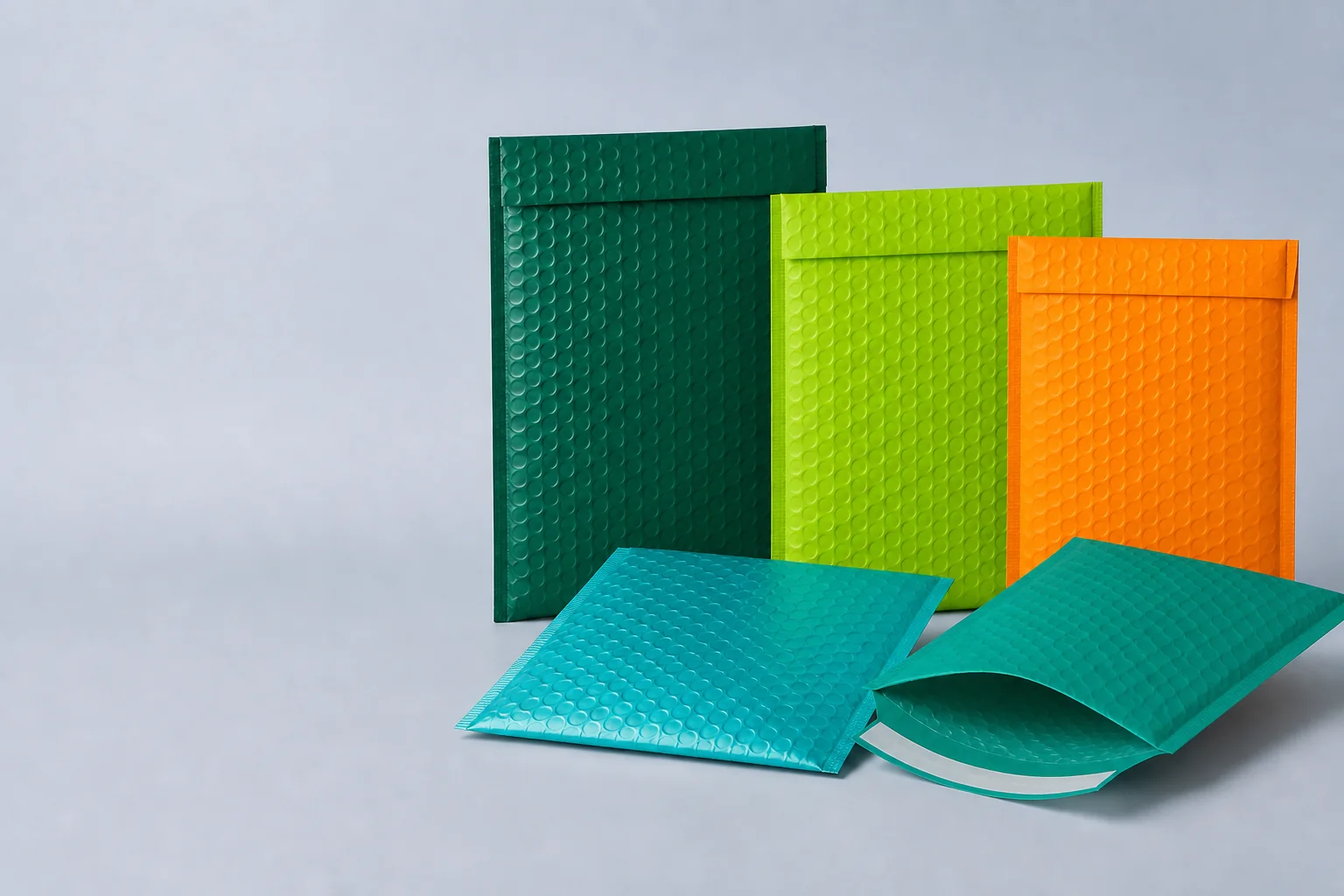Kiki brand color custom bubble mailers in green, orange and turquoise